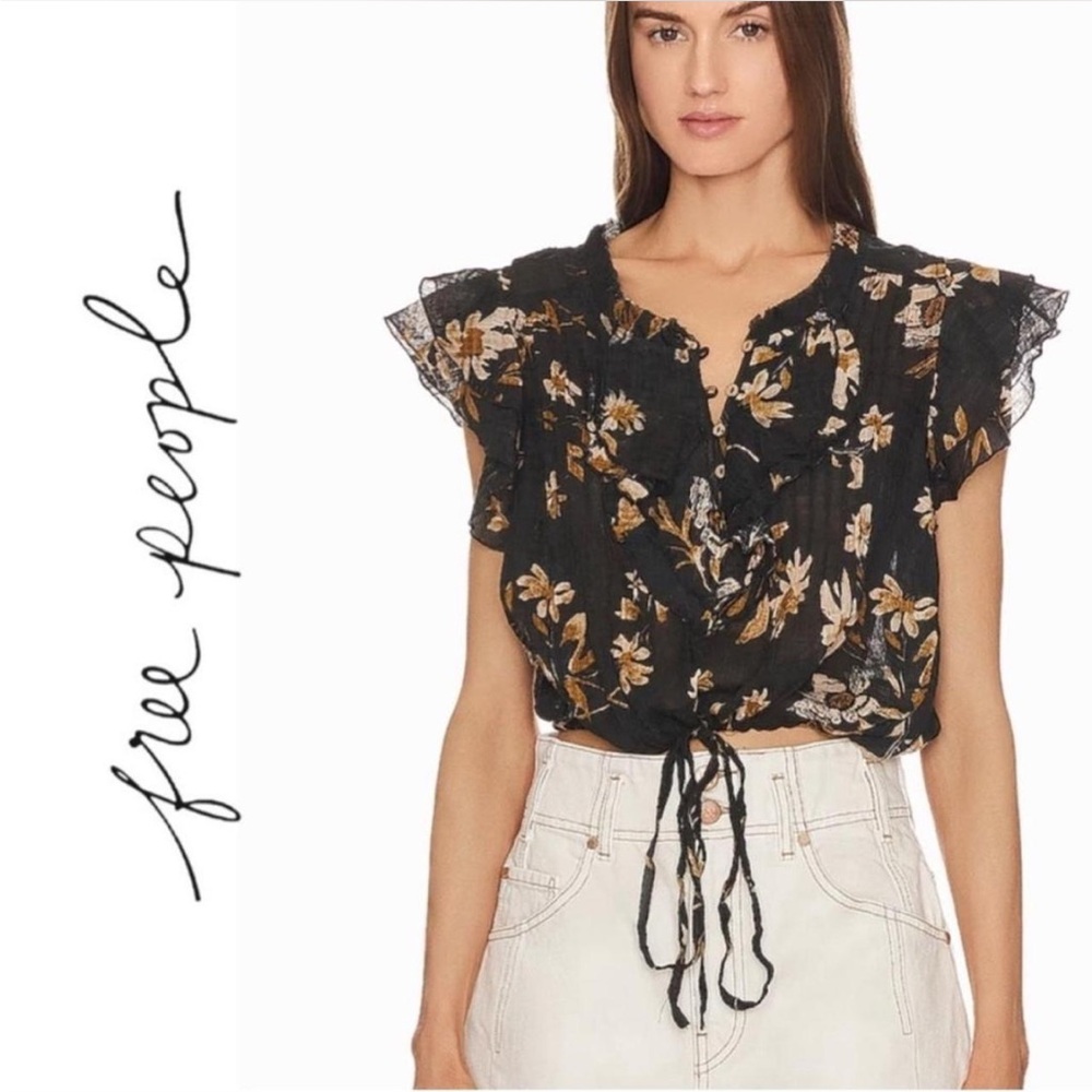 Designer Free People One Naya Floral Black Blouse Ruffle Flutter Sleeves Size XS